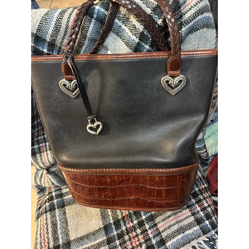 Brighton Women's Leather Bucket‎ Purse Black & Brown Faux Animal Print Pockets